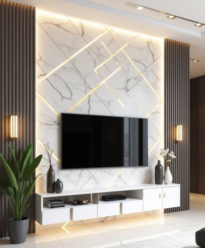 Mẫu Ốp Vách TV PVC Giả Đá/Giả Gỗ Hiện Đại, Sang Trọng